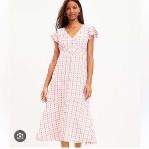 LOFT Flutter Sleeve Gingham Midi Dress